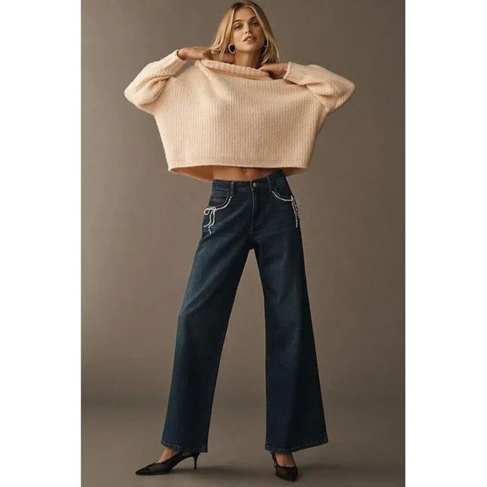 Pilcro Anthropologie Pearl Bow Embellished Wide Leg Jeans Womens 25 Low Rise NWT